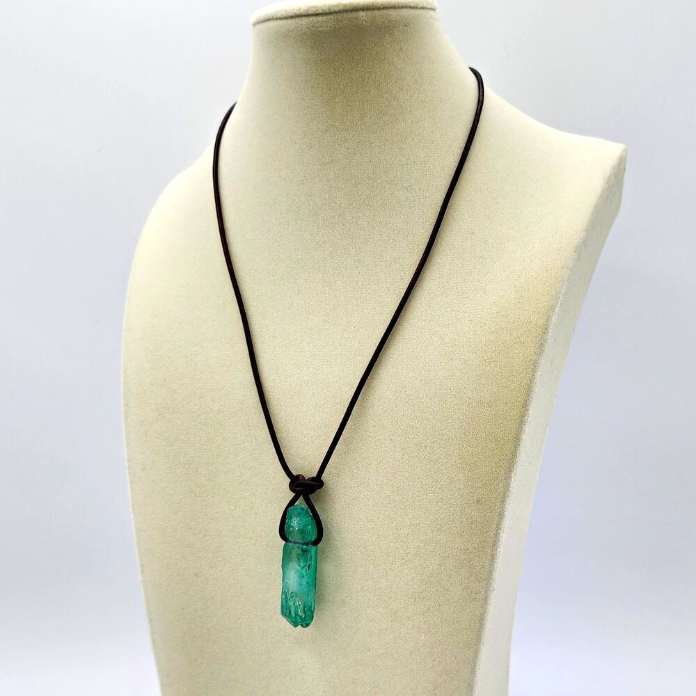Dyed Quartz Aqua Chunk Pendant Leather Necklace